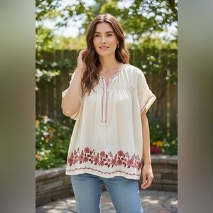 Max Studio oversized Embroidered Cream Top with Red Accents size S